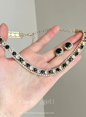 vintage小香风复古项链耳环套装法式重工名媛千金几何水钻锁骨链