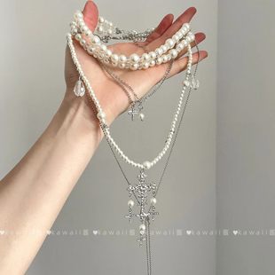 vintage古着choker多层珍珠串珠十字架项链叠戴锁骨链轻奢小众女