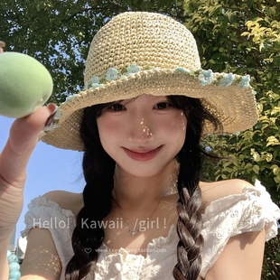 薄荷曼波蓝色花朵草帽春夏沙滩海边度假风渔夫帽大帽檐遮阳防晒帽