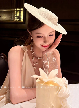 vintage法式千金赫本风蕾丝礼帽轻奢优雅白色骑士帽温柔气质头饰