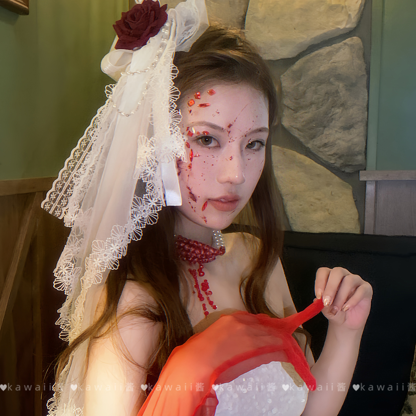 万圣节cos蕾丝红玫瑰头纱