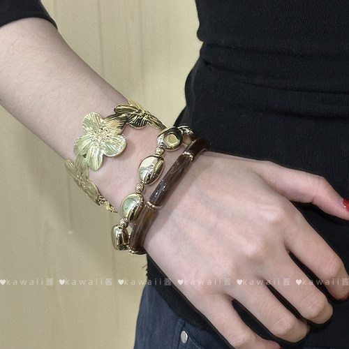 vintage复古金色花朵叠戴手链