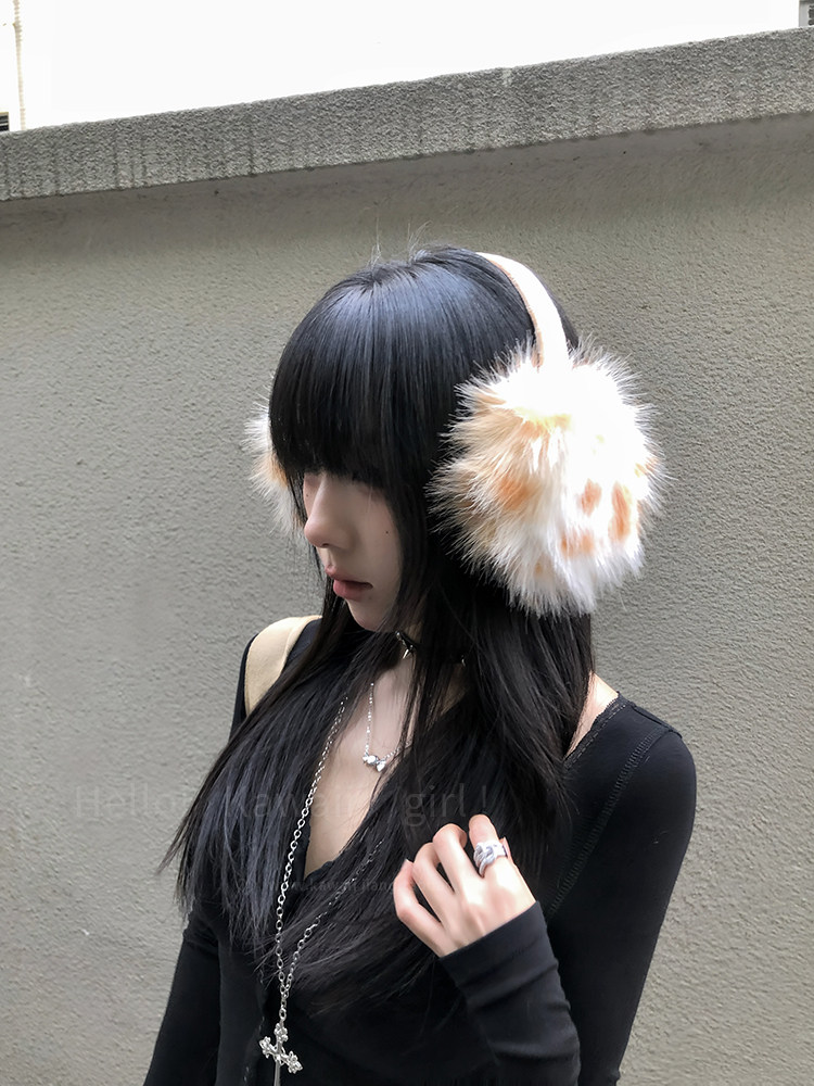 SUBCULTURE HOT GIRL 표범 인쇄 귀마개 여성의 달콤하고 시원한 밀레니엄 스타일 모조 여우 모피 귀마개 플러시 따뜻하고 얼굴 모양의 작은 귀 가방