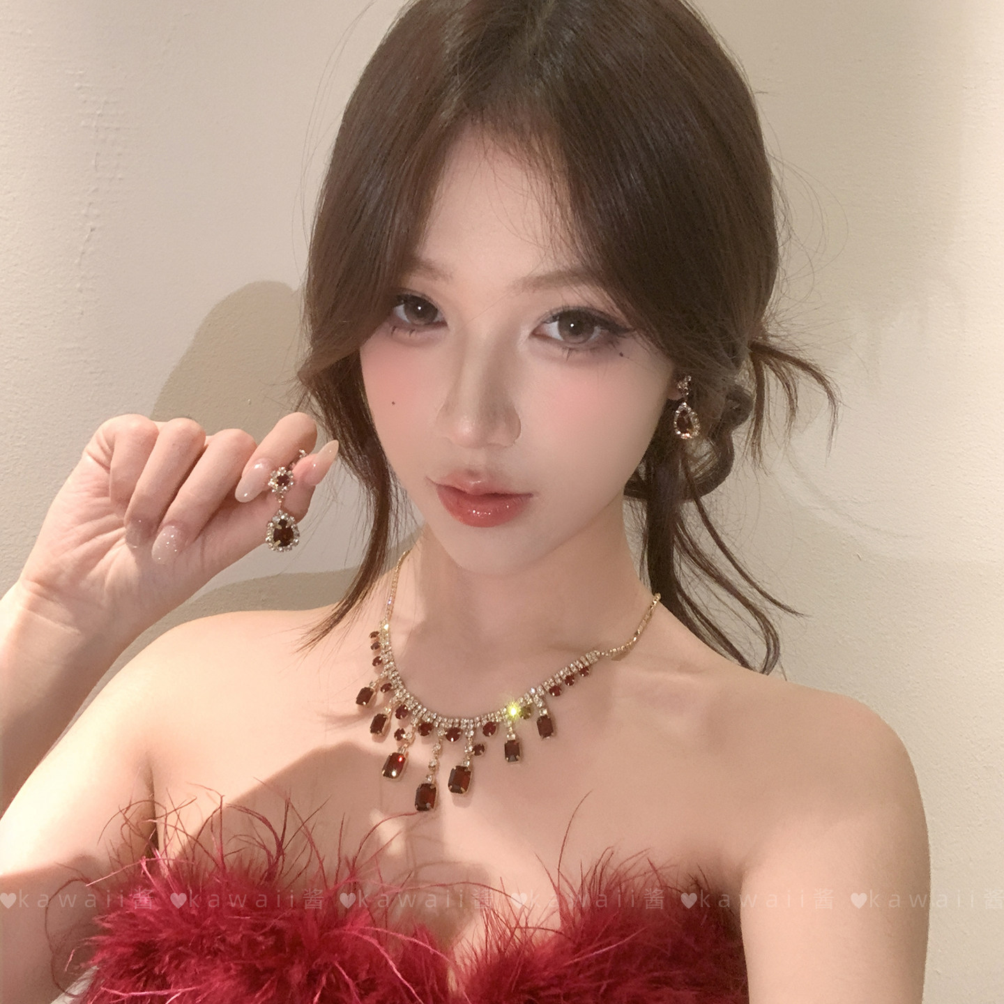 闪锆红宝石项链精致高级感锁骨链耳钉套装轻奢小众设计夸张颈饰女