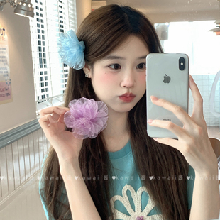 超仙海边度假风蓝色花朵发夹森系欧根纱甜美鸭嘴夹氛围感清新发饰
