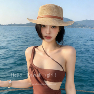 赫本英伦风皮带扣草帽海边度假防晒遮阳礼帽户外休闲百搭帽子 法式