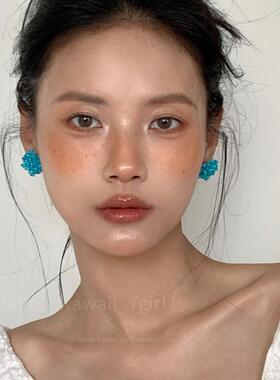 清凉感蓝色花串珠耳钉海边度假耳饰高级设计感小众女气质夸张耳环