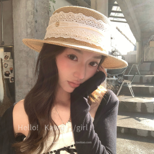 宅女同款 蕾丝平顶草帽复古优雅赫本风礼帽海边度假遮阳防晒帽 法式