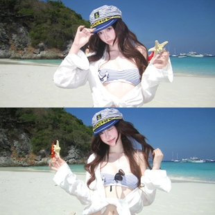 复古条纹海军风船长水手帽甜美平顶八角帽日系少女礼帽拍照贝雷帽