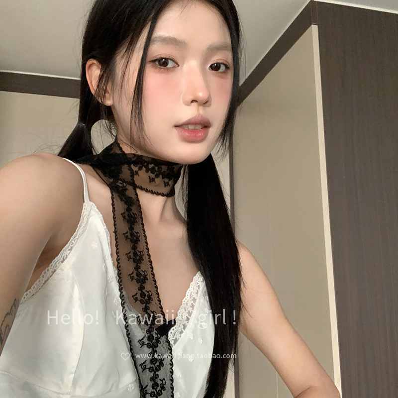韩系复古纯欲蕾丝飘带丝巾女春夏