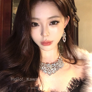 千金贵女闪钻花朵项链耳环套装轻奢气质高级感锁骨链晚宴礼服配饰