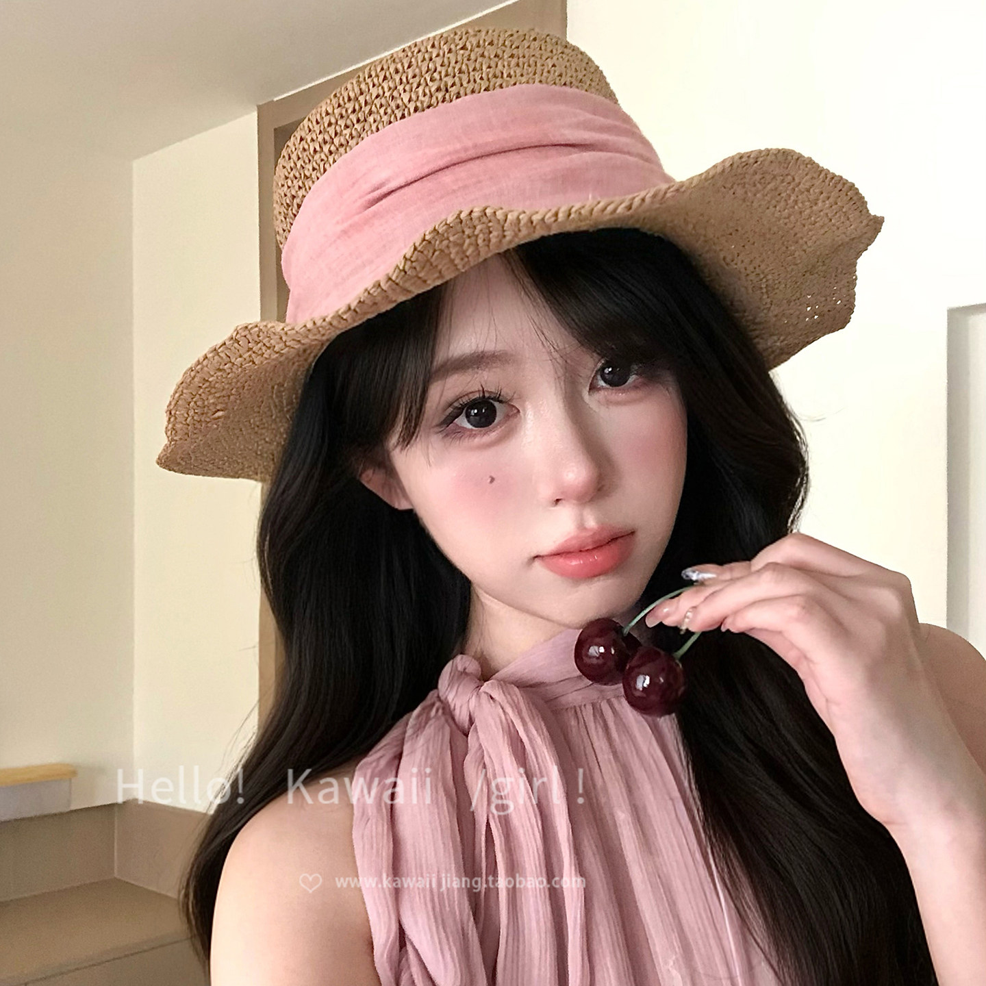 法式粉色丝带平顶草帽春夏海边度假高级感礼帽沙滩百搭遮阳防晒帽