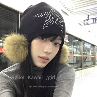y2k辣妹烫钻五角星毛球包头帽复古亚比冷帽秋冬保暖设计感针织帽
