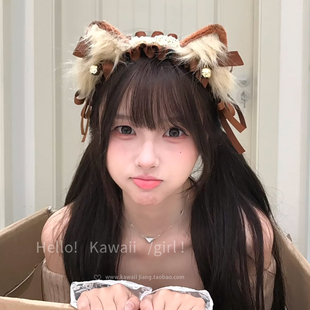 日系软萌甜妹咖色猫耳发箍女手作lolita猫娘铃铛兽耳头箍女仆发饰