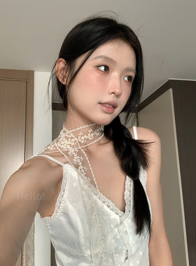 ins韩系白色蕾丝飘带丝巾女复古发带春夏氛围感腰带脖子配饰丝带