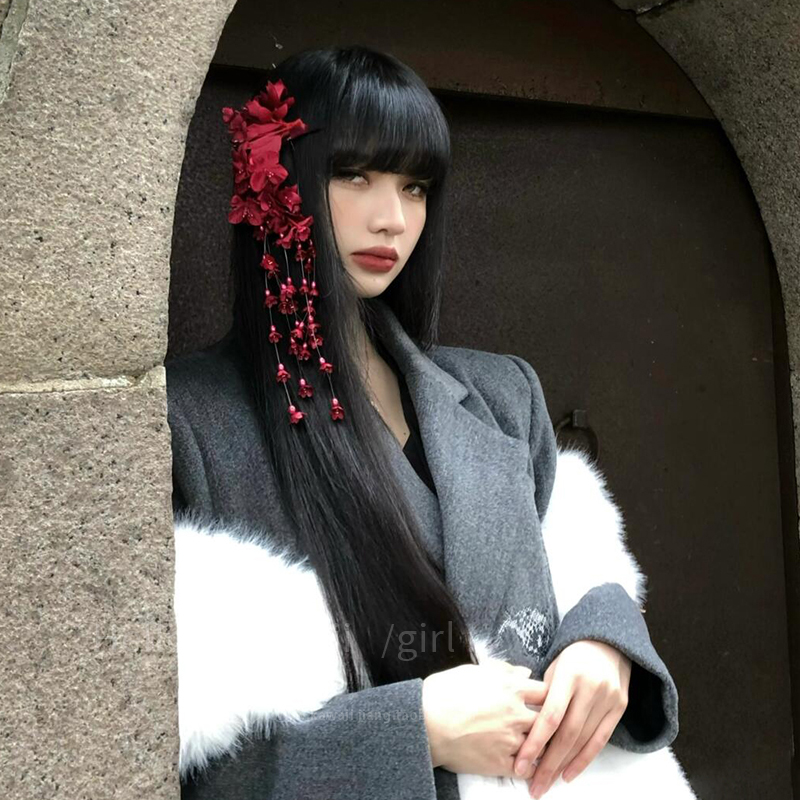 复古红色铃兰花流苏发夹新中式