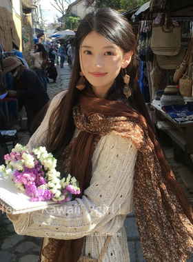 复古文艺风咖色碎花丝巾