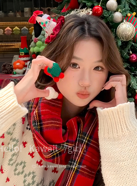 甜美可爱红色圣诞树发夹蝴蝶结边夹节日聚会氛围感拍照装扮围巾女