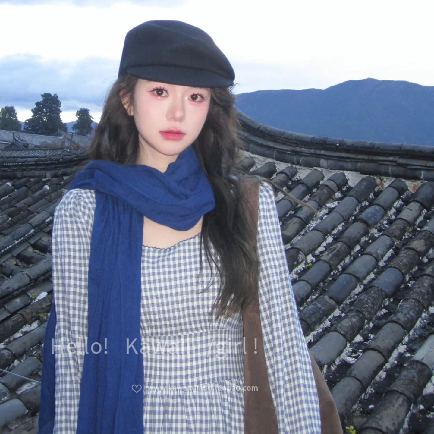 日系复古克莱因蓝色棉麻围巾文艺百搭气质丝巾温柔甜美显脸白配饰