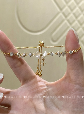 金色闪钻蝴蝶结叠戴古着手链女轻奢小众精致巨好看手饰高级感配饰