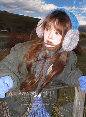 韩系ins风蓝灰色羊羔毛耳罩复古撞色耳套冬季加厚保暖头戴式耳包