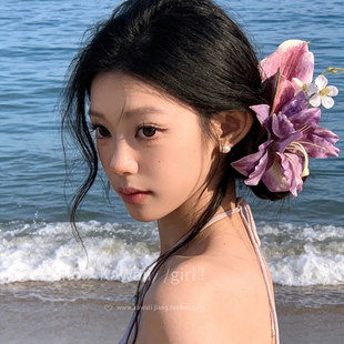 古风旗袍侧边夹鸭嘴夹海边度假风发饰 纯欲风紫色百合花发夹新中式