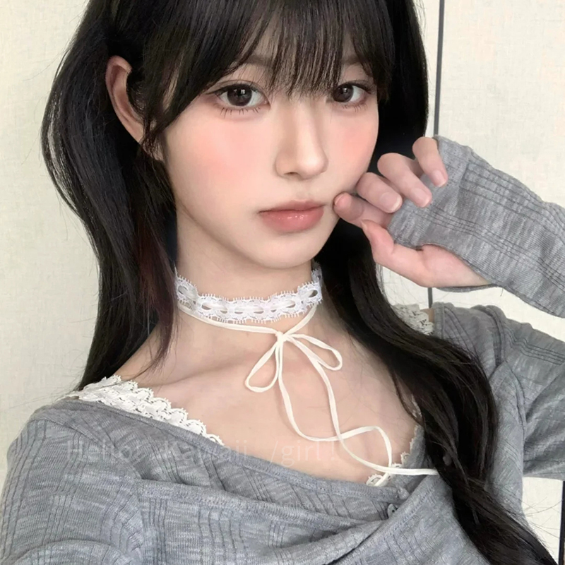 法式复古白色蕾丝蝴蝶结choker颈链甜美少女蕾丝绑带锁骨链配饰品