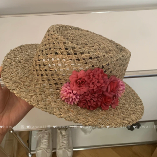 手工花朵草编镂空平顶礼帽大理海边度假风百搭防晒遮阳帽草帽 法式