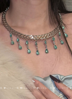 宫廷风蓝色水滴吊坠项链重工choker轻奢流苏锁骨链晚宴礼服颈链女