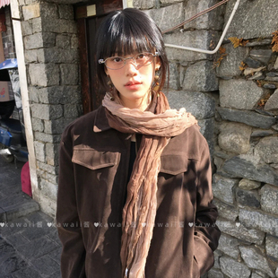 废土风亚麻褶皱渐变围巾女民族风文艺复古高级感棕色薄款丝巾披肩