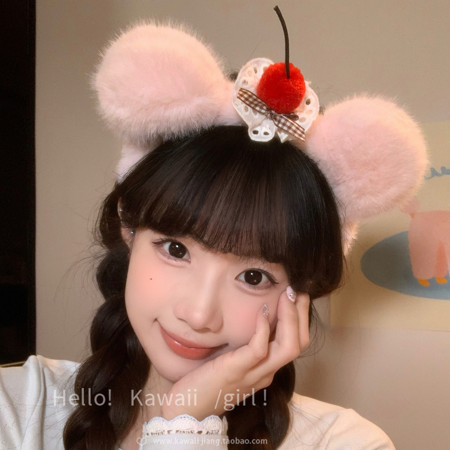 可爱毛绒樱桃小熊耳朵发箍