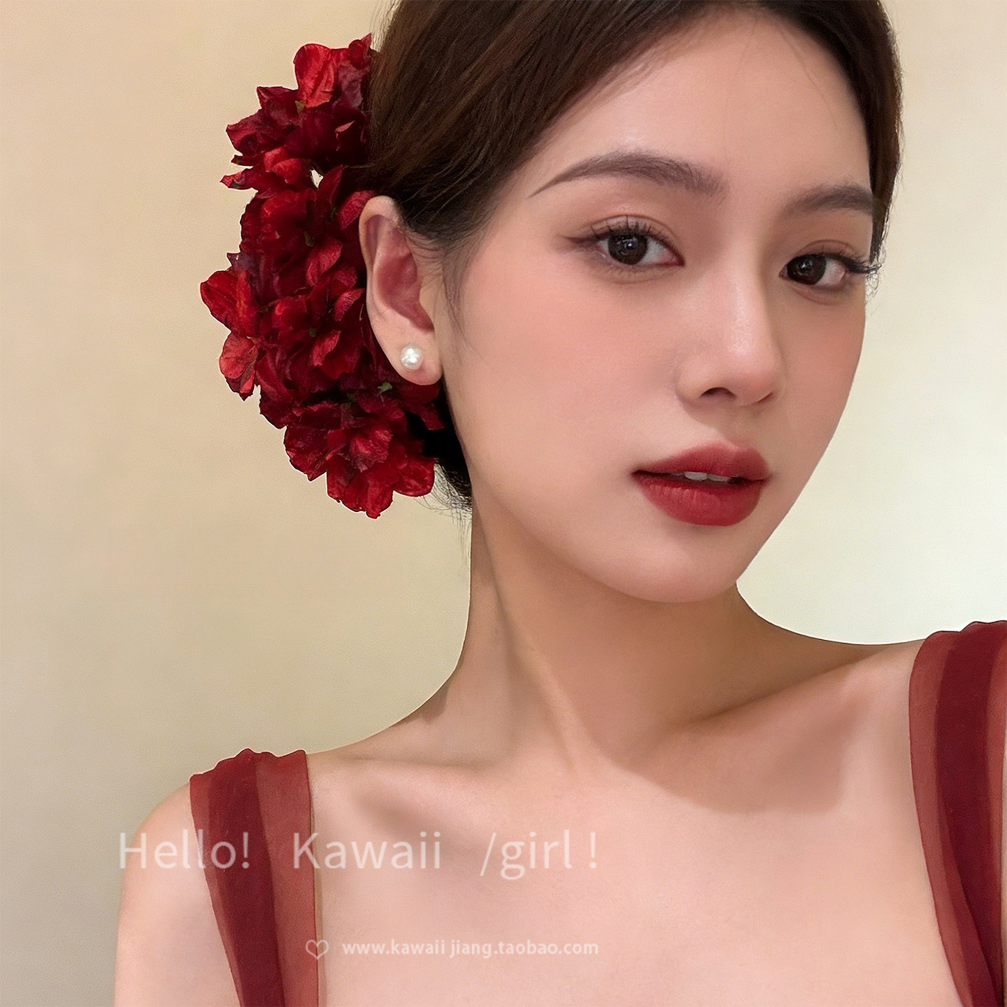 莫奈花园 新中式古风红色花朵发簪发钗侧边夹度假风仿真花发饰女