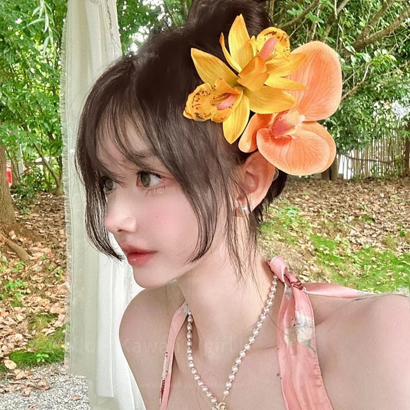超仙桔色花朵蝴蝶兰发夹仿真花