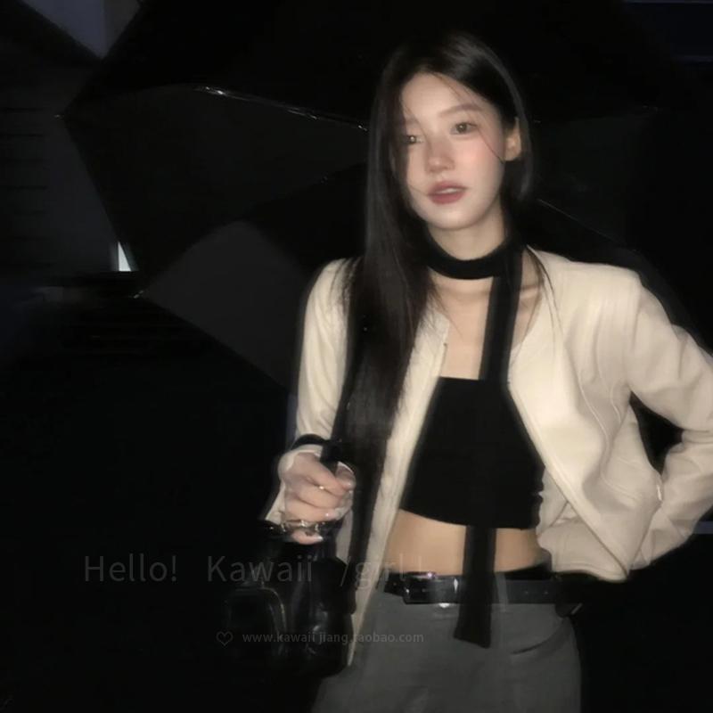 韩版极简风黑色丝巾飘带女款窄版长条ins辣妹百搭高级感围巾领巾