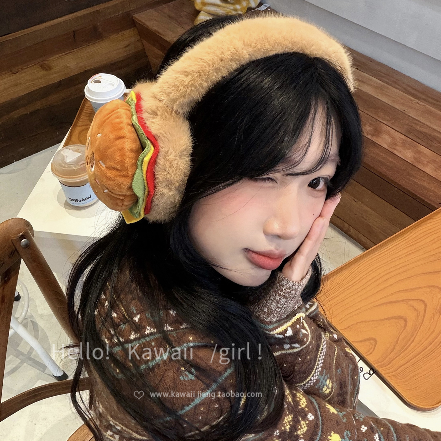 可爱汉堡包毛绒耳罩女冬季护耳朵防寒耳套骑行保暖耳暖耳包耳捂子