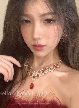 复古宫廷风红色锆石水滴项链耳环
