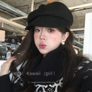 日系复古黑色褶皱贝雷帽八角帽高级感大头围显脸小报童帽画家帽子