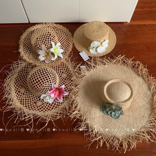 手工花朵编织草帽春夏海边度假风镂空防晒帽旅游拍照帽子 复古法式