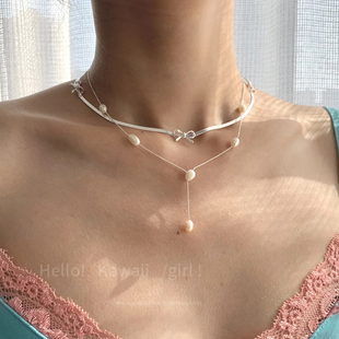 少女感蝴蝶结珍珠流苏项链女日韩轻奢可叠戴choker甜美气质锁骨链