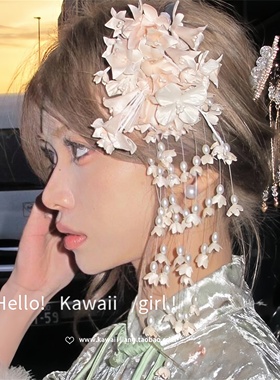 新中式森系铃兰花朵流苏发夹新娘写真发饰侧边夹网红拍照夸张配饰