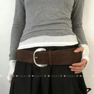 复古小众设计棕色麂皮宽边腰带