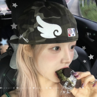 韩版 休闲水洗复古鸭舌帽小众百搭帽子 ins天使翅膀迷彩棒球帽美式