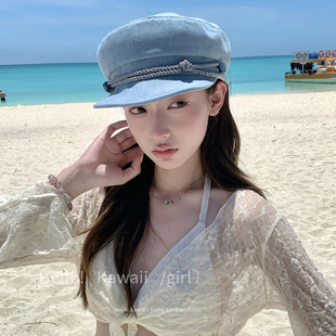 日系文艺感蓝色牛仔贝雷帽女英伦海军风八角帽大头围显脸小报童帽