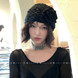 韩系ins黑色立体花朵冷帽女慵懒风镂空透气包头帽小众百搭堆堆帽