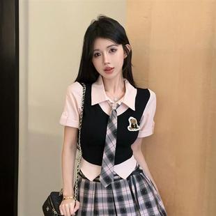 夏季 减龄显瘦上衣 jk衬衫 女学生甜美可爱制服学院风撞色假两件短袖