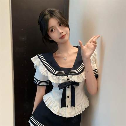 夏季收腰制服衬衫女设计感小众洋派减龄短袖撞色学院风蝴蝶结上衣