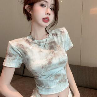 修身 美式 显瘦小上衣 圆领短款 新款 蝴蝶图案扎染印花短袖 T恤女夏季