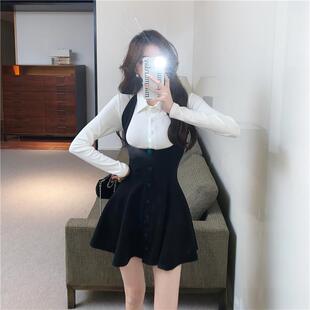 2026秋季polo领纯欲性感长袖上衣高腰a字显瘦短裙背带裙套装女