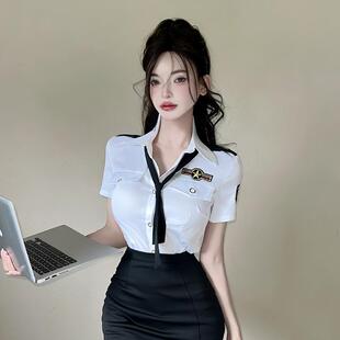空姐制服ol御姐纯欲风上衣 夏季 短袖 白衬衫 女主播直播衣服性感服装