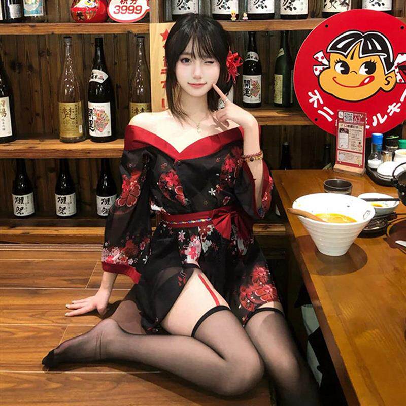 复古性感一字肩印花撞色日系和服裙角色扮演制服短款薄款洋装女